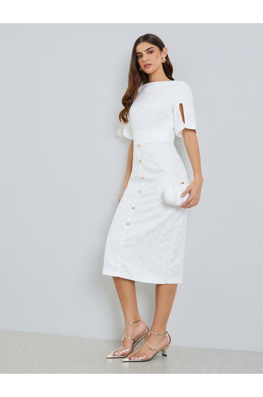 Women Off-White Buttoned Sheath Midi Dress