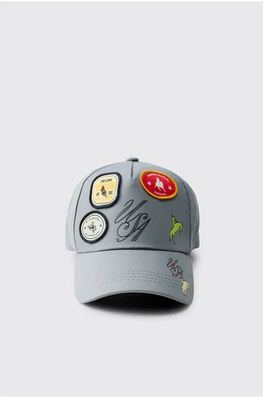 Printed Cap With Applique Patches & Contrast Visor - charcoal