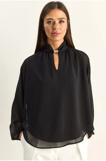 LUCCI Mandarin Collar Chiffon Blouse with Stone Accessory