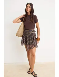 Multicolor Striped A-Line /Bell Form Asymmetrical Normal Waist Mini Tulle Knitted Skirt