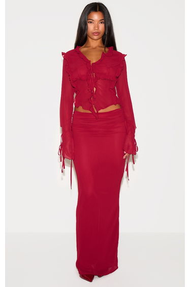 Burgundy Ruched Chiffon Maxi Skirt