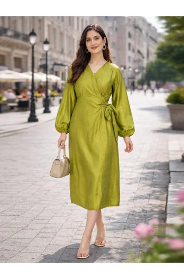 Green Balloon Sleeves Wrap Midi Dress