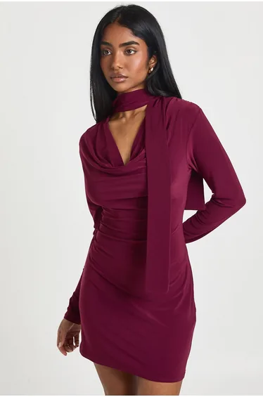 Slinky Plunge Front Scarf Detail Long Sleeve Mini Dress - burgundy