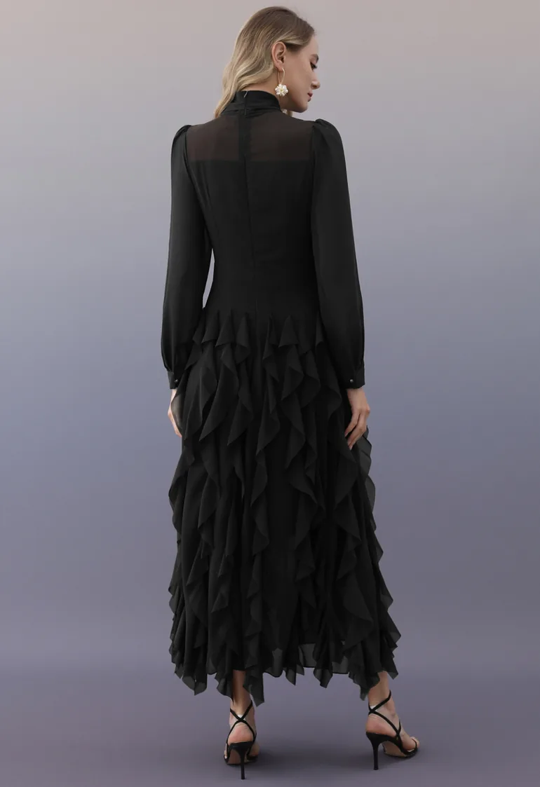 فستان ماكسي شيفون بكشكش بفيونكة بشراشيب خرز - أسود - 2