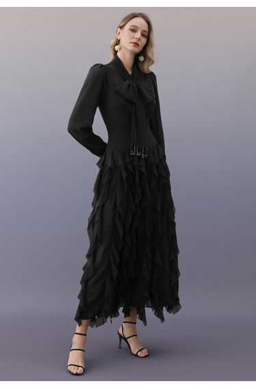 Beaded Tassel Bowknot Cascade Ruffle Chiffon Maxi Dress in Black