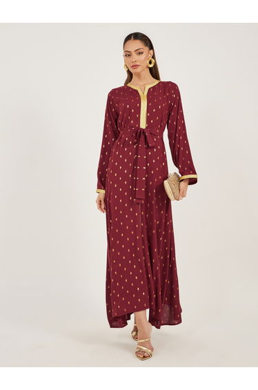 Foil Print Lace Detail Satin Jalabiya with Belt