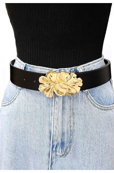 Glam Floral Metal Buckle Leather Belt in Gold for Daily Outfits & Casual Denim