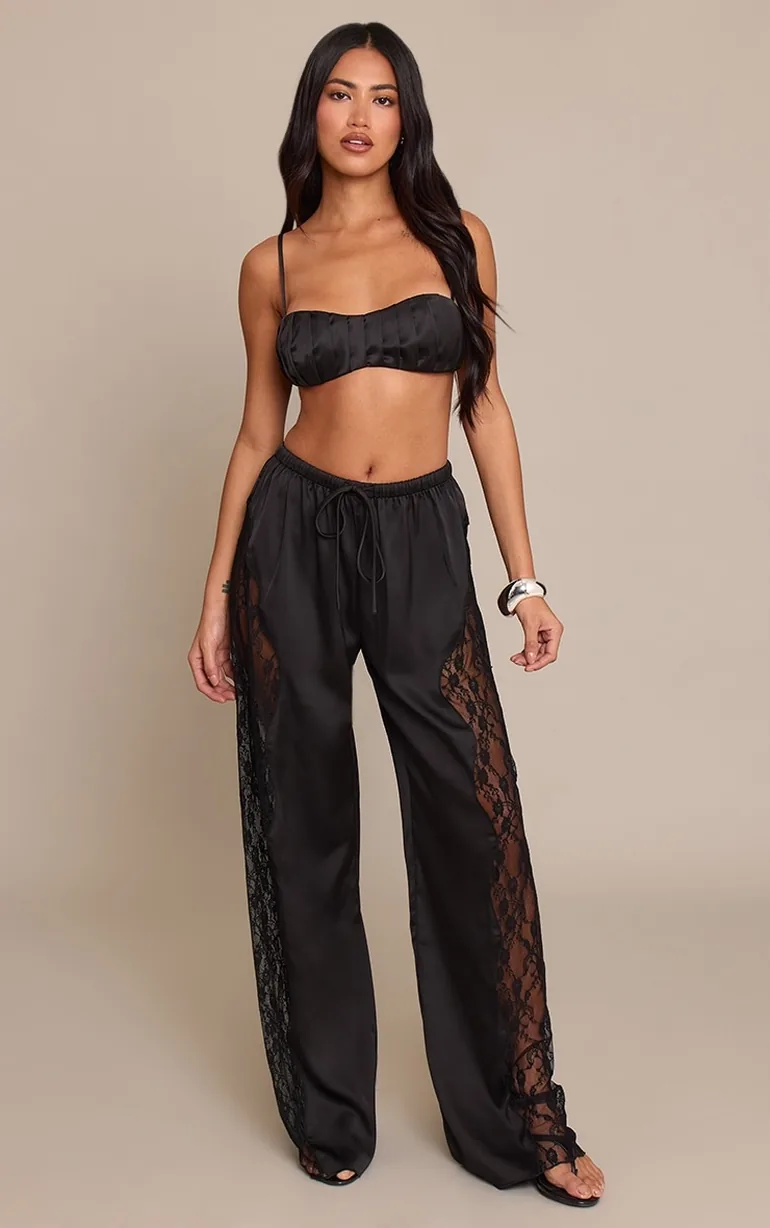 Black Satin Seam Detail Bralet - 2