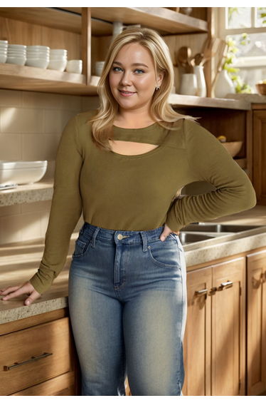 Extra Soft Cutout Neckline Top in Moss Green