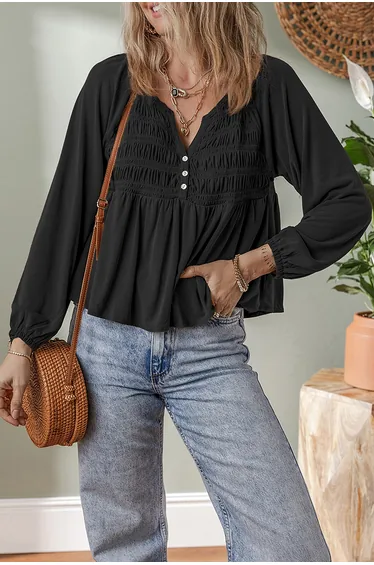 Lvness Black Smocked Bust Buttoned Split V Neck Flow Fit Blouse