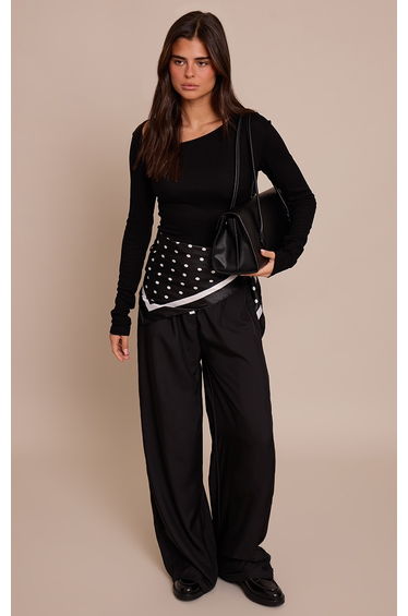 Black Soft Rib Asymmetric Detail Fitted Longline Top