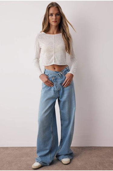 White Transparent Ribbed Regular/Normal Pattern Crop Knit Blouse