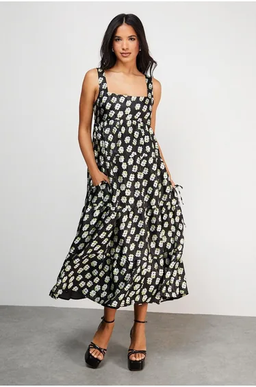 Square Neck Smock Midi With Below Pocket