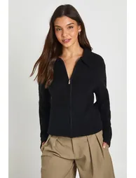 Collared Zip Through Knitted Jumper - black