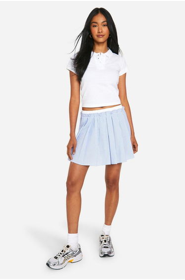Crinkle Contrast Waistband Pleated Mini - blue