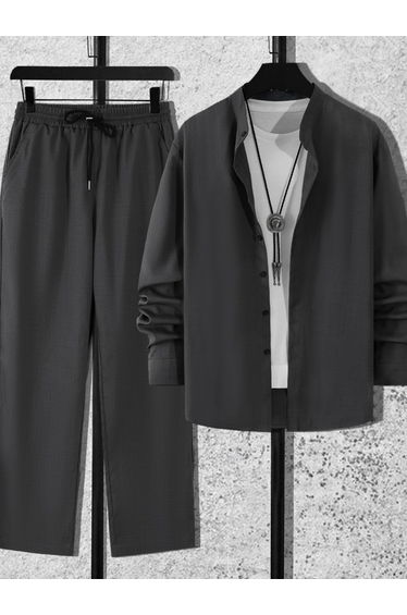 Men Grey Stand Collar Shirt and Pants Co-Ords