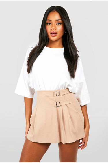 Crepe Pleated Buckle Detail Tennis Skirt - stone