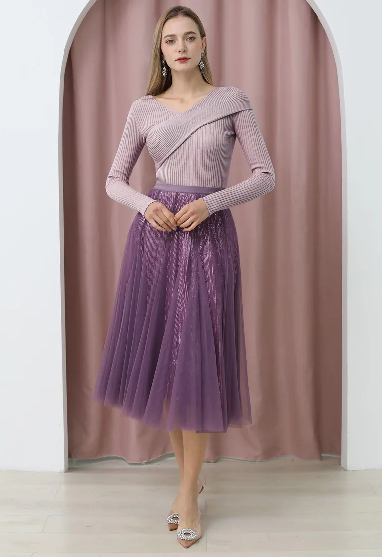 Crisscross Full Ribbed Knit Top in Mauve - 1