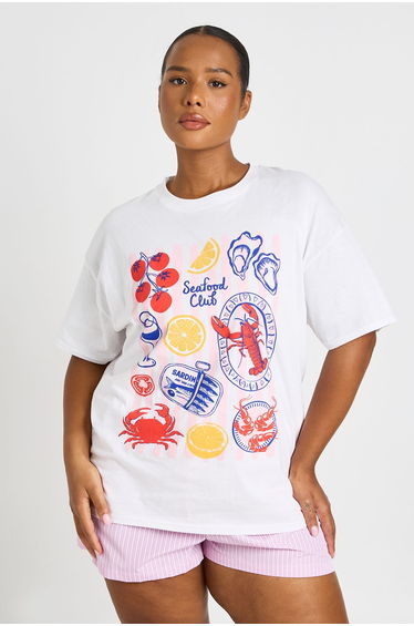 Plus Seafood Club Printed T Shirt - white