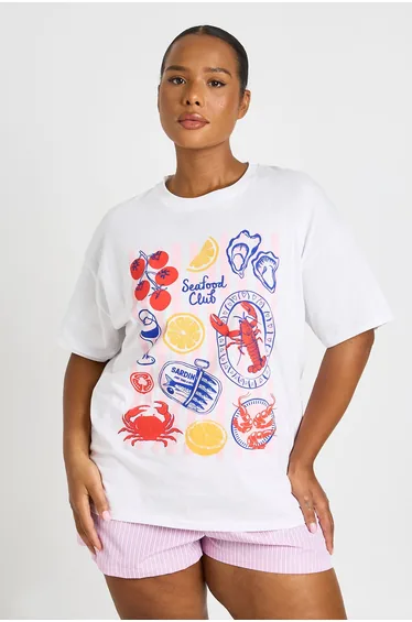 Plus Seafood Club Printed T Shirt - white