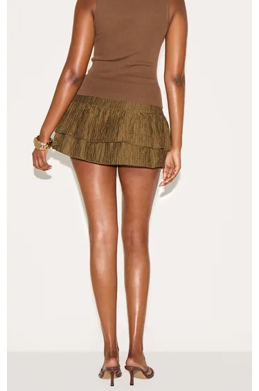 Dark Khaki Crinkle Woven Dropped Waist Frilly Mini Skirt