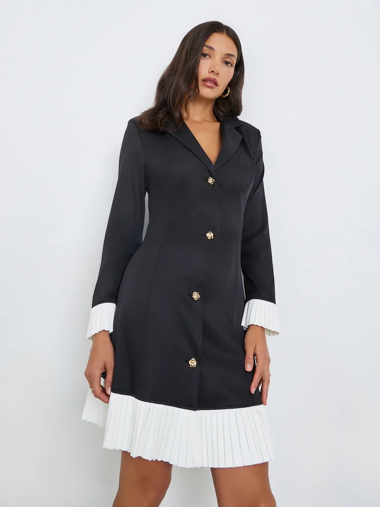 Women Black Pleated Hem Blazer Knee-Length Dress - 2