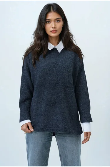 Women's Smoke Gray Boat Neck Batwing Sleeve Boucle Knit Sweater