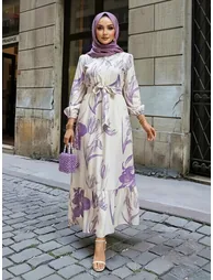 Off White Floral A-Line Maxi Dress wit Tie Up Belt