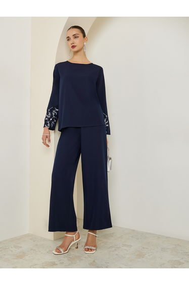 Dark Blue Embroidered Top and Trousers Co-Ords