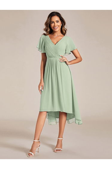 ever FAYE|Chic V Neck Asymmetrical Hem Ruffles Sleeve Pleated Chiffon Wedding Guest Dress
