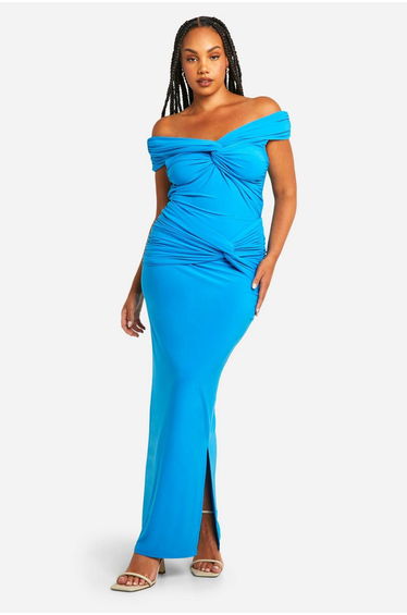 Plus Double Slinky Twist Front Off Shoulder Top - cobalt