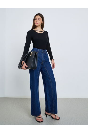 Women Black Long Sleeve Cutout Knit Top