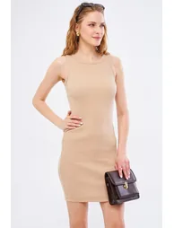 Women's Beige Crew Neck Body-Fitting Sleeveless Dress - 2