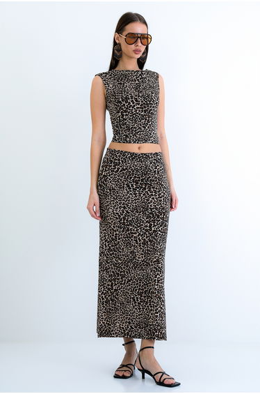 Women's Leopard Crew Neck Strappy Knitted Blouse and Slit Pencil Skirt Set