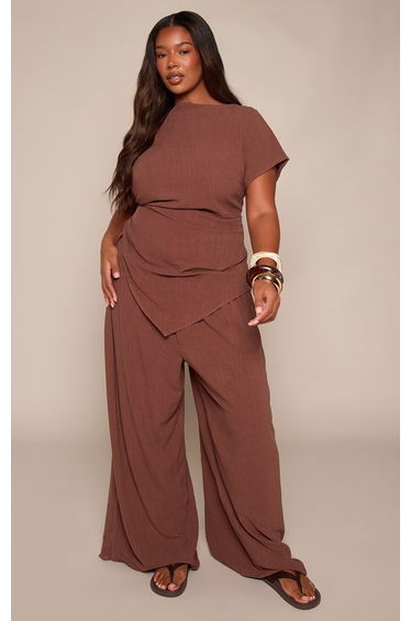 Plus Chocolate Textured Woven Straight Leg Trousers Co-ord
