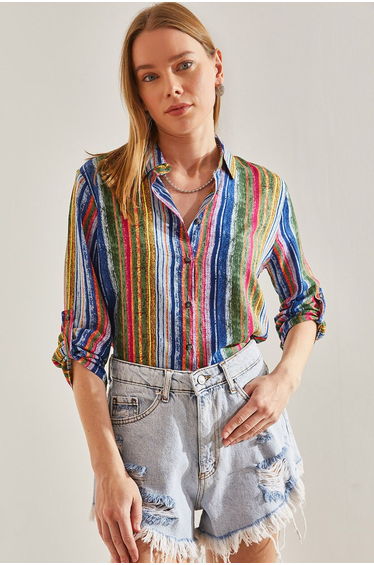 Women's Multi-patterned Shirt with Folding Sleeves
