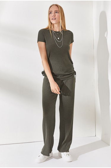 Women's Khaki Blouse with Shirries, Palazzo Pants Set