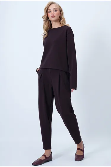 Women's Plum Crew Neck Wide Cut Blouse and Pleated Double Pocket Trouser Set