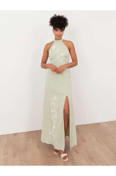 Maya Meadow Green Embroidered Halter Neck & Keyhole Back Maxi Dress