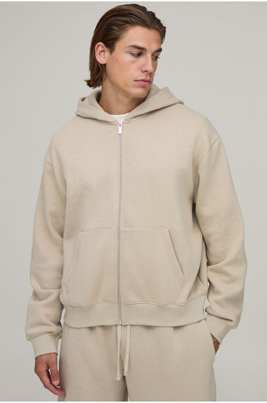 Essential Oversized Boxy Zip Through Hoodie - stone