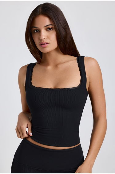 Ribbed Modal Lace-Trim Tank Top in Black