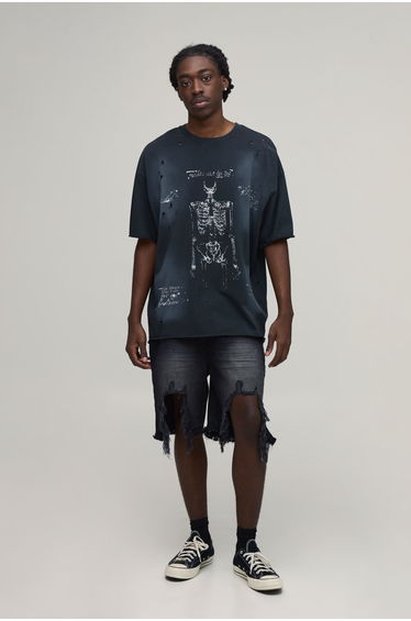 Relaxed Fit Rigid Extreme Ripped Denim Shorts - washed black