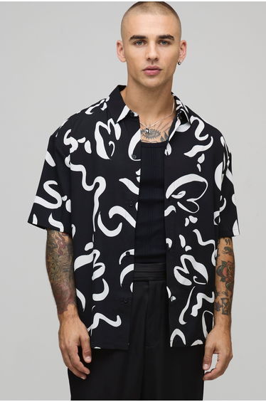 Oversized Short Sleeve Abstract Print Shirt - black