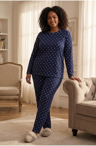Navy Blue Heart and Polka Dot Patterned Knitted Pajama Set