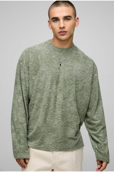 Oversized Boxy Long Sleeve Textured T-Shirt - olive