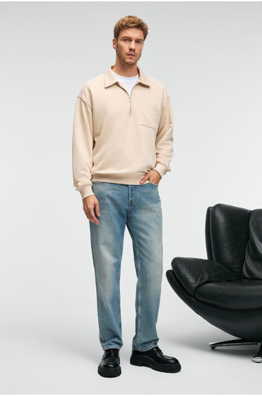 GRIMELANGE AUGUST Men's 100% Cotton Half-Zip Collar Pocket Decorative Tag Beige Sweatshirt