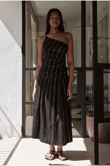 Textured Pinstripe Full Midi Skirt