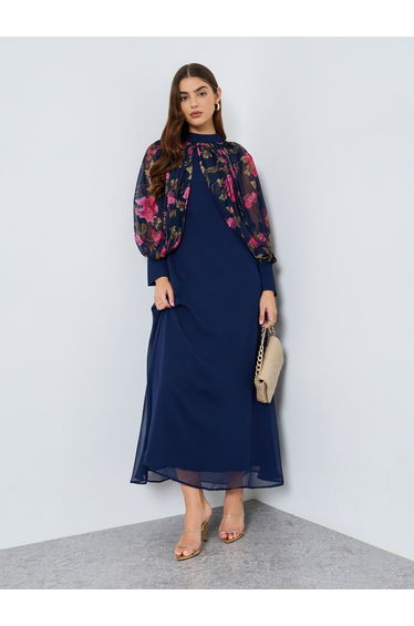 Navy Blue Floral Printed Chiffon Maxi Dress