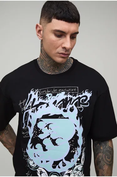 Tall Oversized Boxy Heavyweight Homme Graphic T-Shirt - black