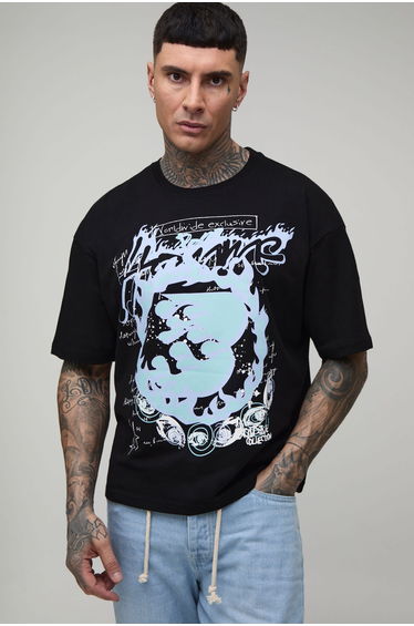 Tall Oversized Boxy Heavyweight Homme Graphic T-Shirt - black